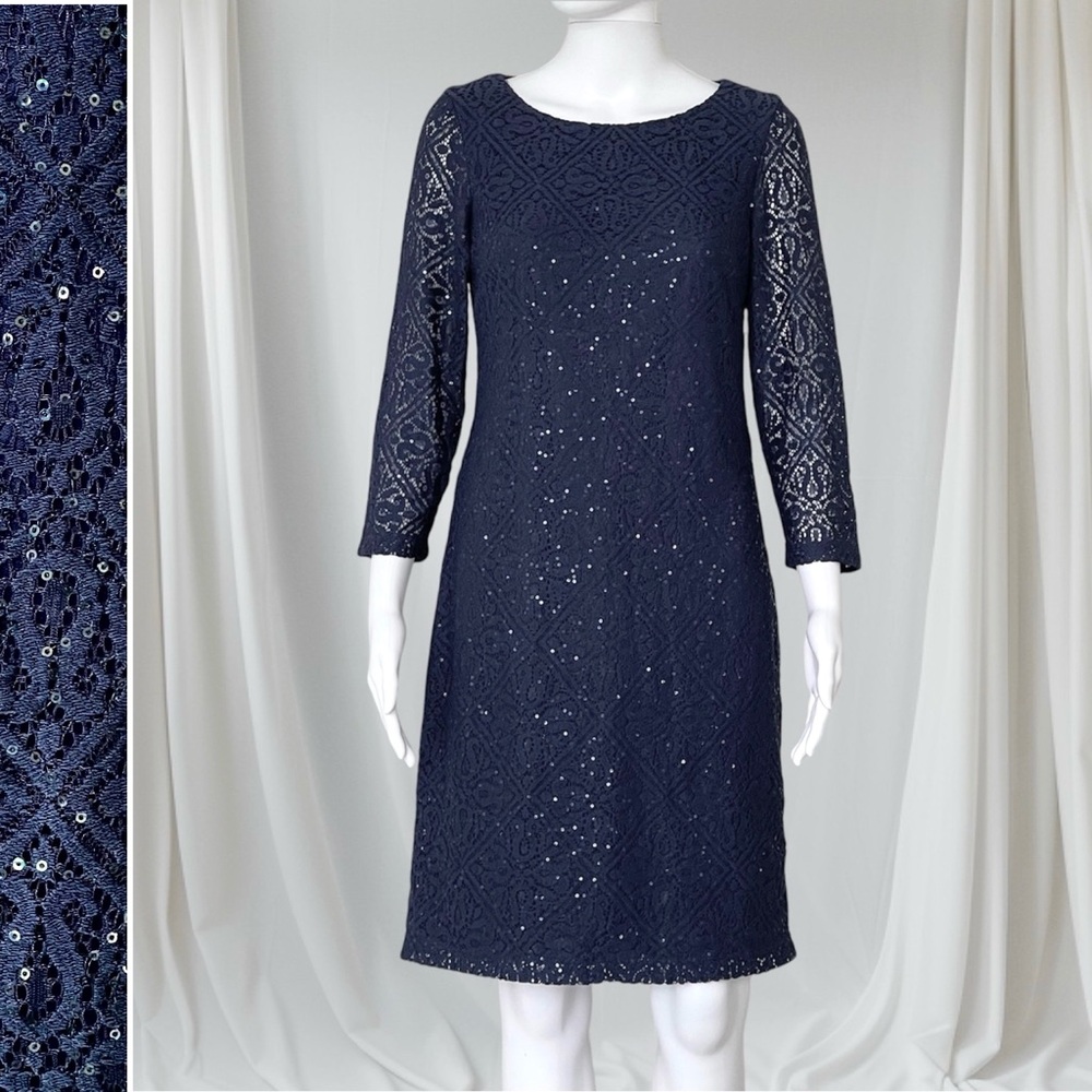 Jessica Howard Lace Embellished Party Shift Dress 3/4 Sleeve Crew Neck Lined